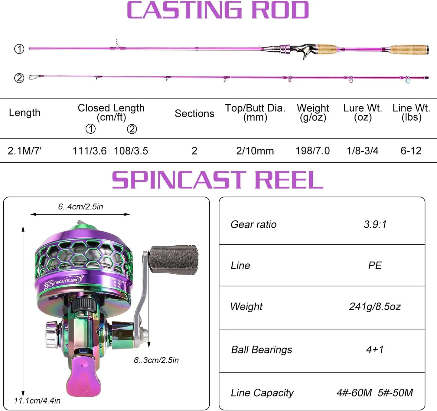Medium Heavy Spincast Fishing Rod Reel Combo with Smooth Push-Button Design, 2-Piece Pole