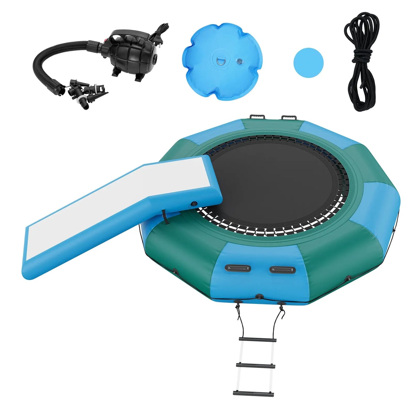Inflatable Water Bouncer, 10ft Recreational Water Trampoline, Portable Bounce Swim Platform With Slide, 3-Step Ladder &