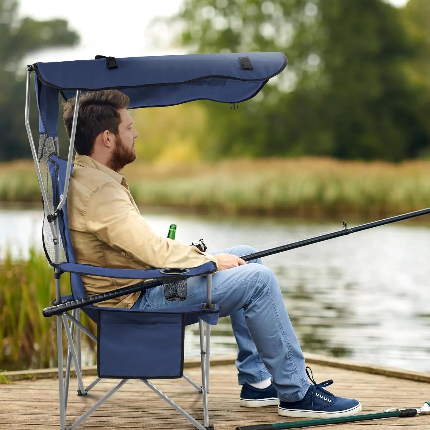 Oversized Folding Camping Chair with Canopy, Portable Outdoor Seat with Arms, Cup Holder and Carry Bag