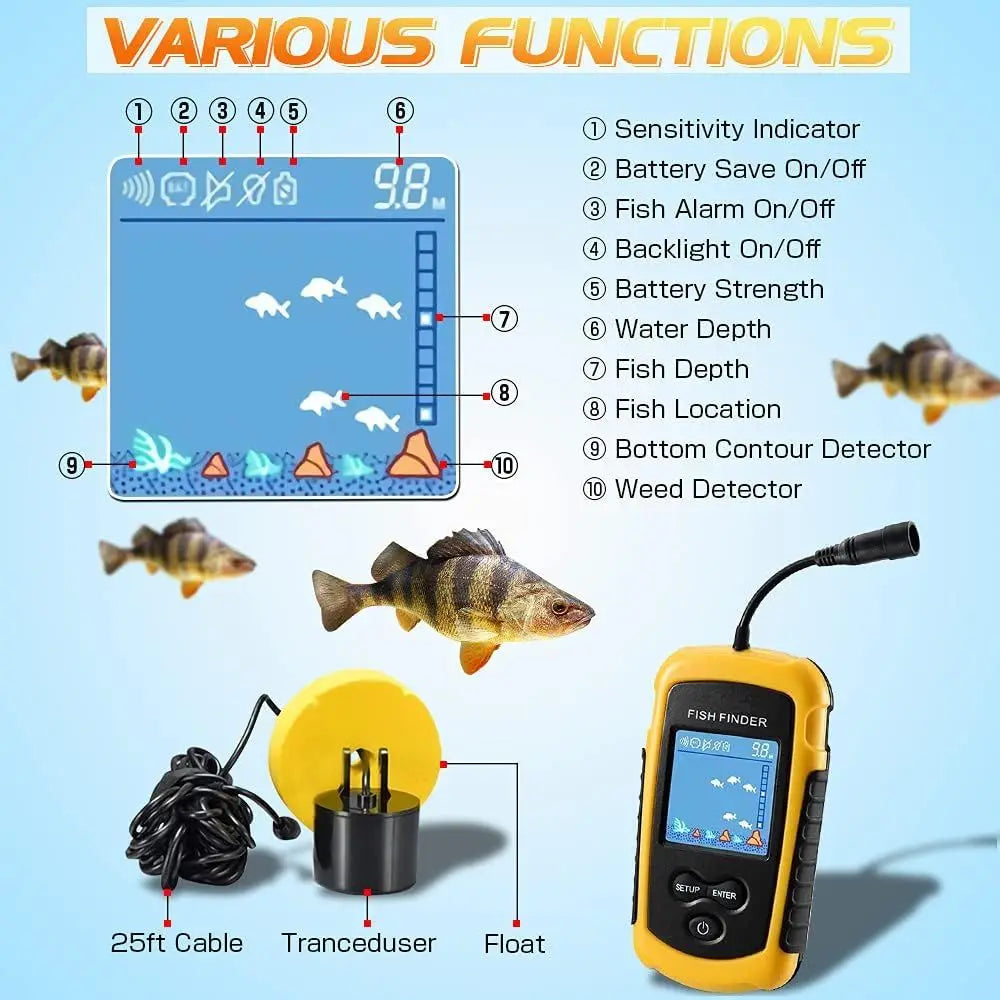 Handheld Kayak Fish Depth Finder Portable Transducer Fish Finder Sonar Boat Dock Fish Finders Display Water Fishing Yellow