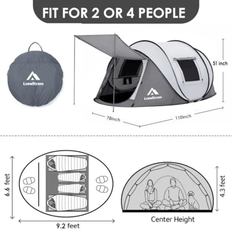 4 Person Easy Pop Up Tent Waterproof Automatic Setup with 2 Doors Instant Family Tents for Camping Hiking and Traveling in Outd