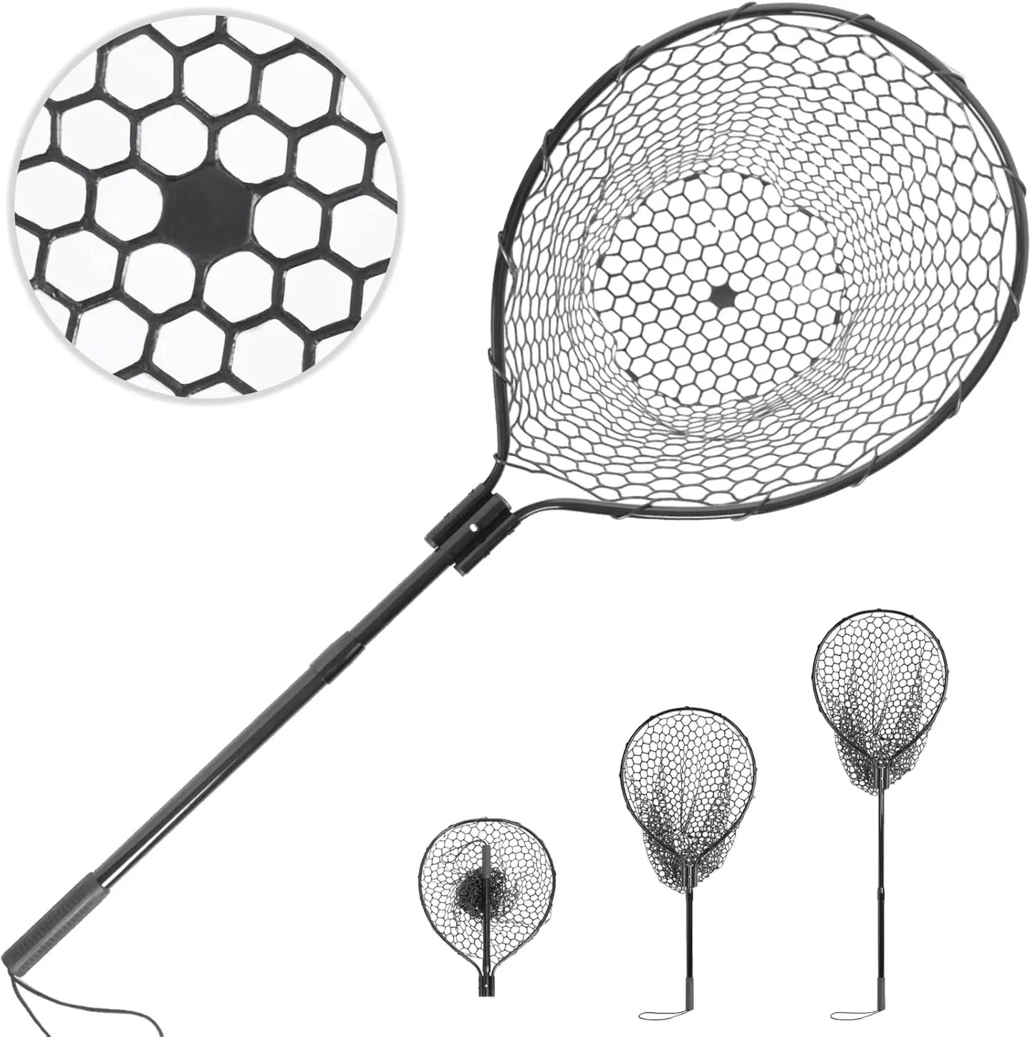 Large Fishing Landing Net with Telescoping Handle, Soft Rubber Mesh for Boat Pier River Angling