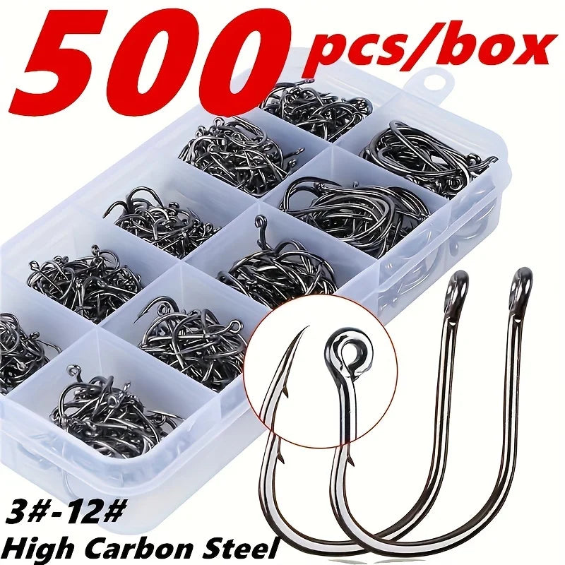 500Pcs Pack of Fishing Hooks with Barbs – Size 3-12# Black Stainless Steel Hooks for All Your Angling Needs