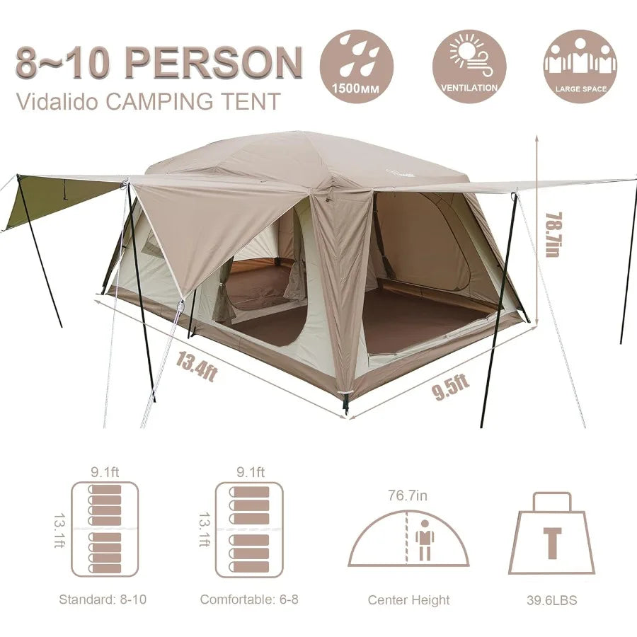 810 Person Camping Tent with 3 Door 2 Room Large Family Cabin Tents Double Layer Waterproof Portable Glamping Tent Big Tents fo