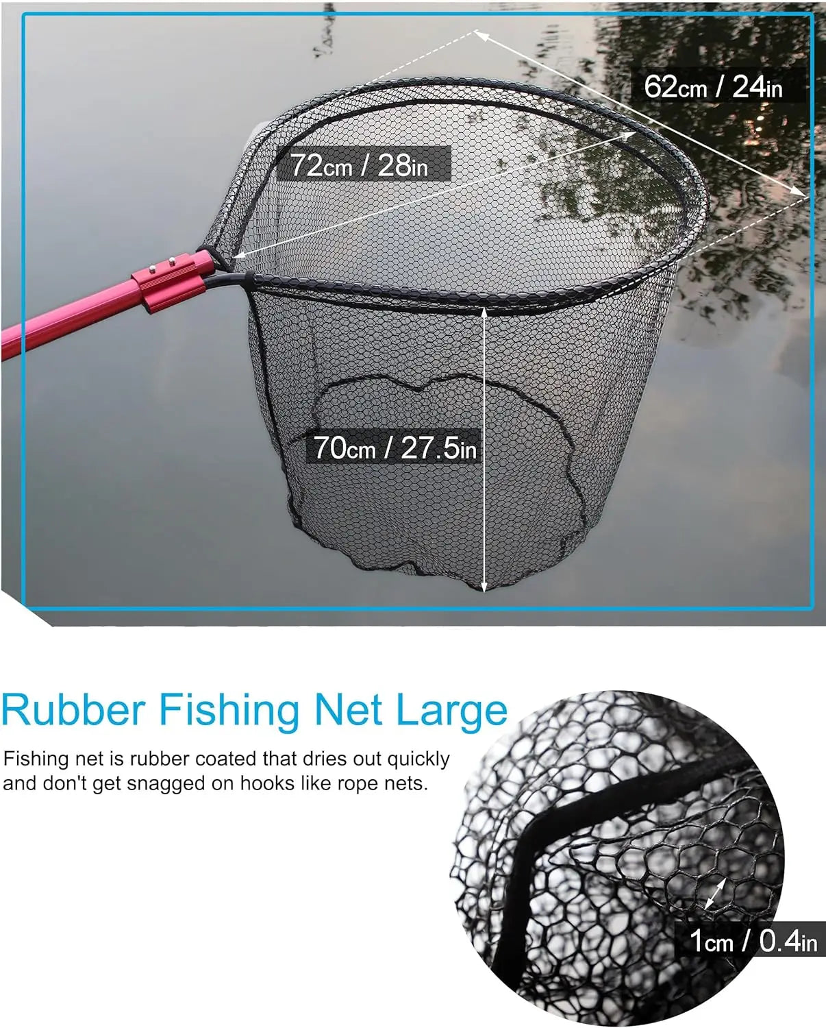 Large Rubber Fishing Net with Telescoping Aluminum Handle, Extends to 94in, Includes 6 Soft Baits