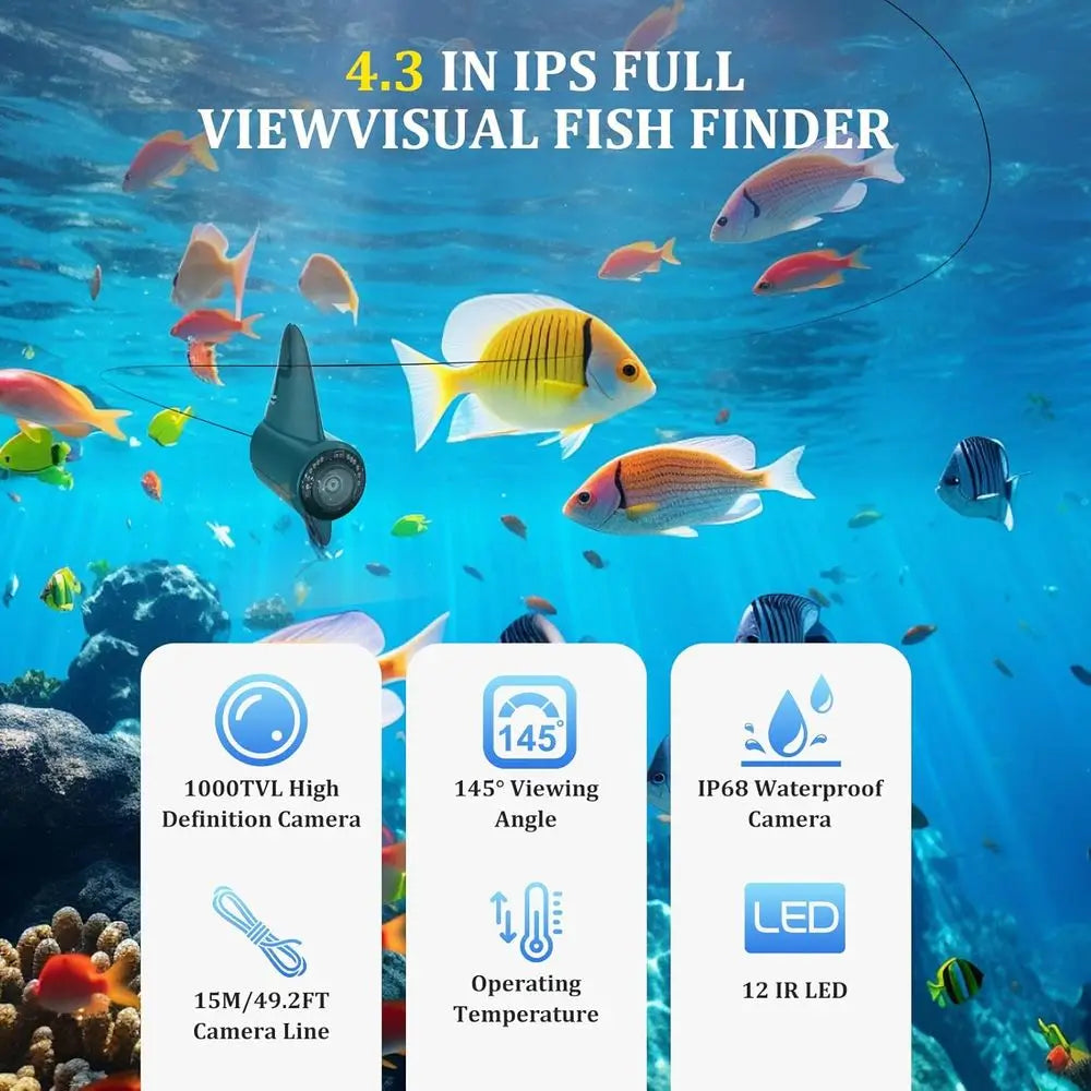 Underwater Fishing Camera, 4.3 Inch LCD, Infrared Night Vision, Wide Angle IP68 Waterproof Portable Fish Camera for Ice, Lake, B