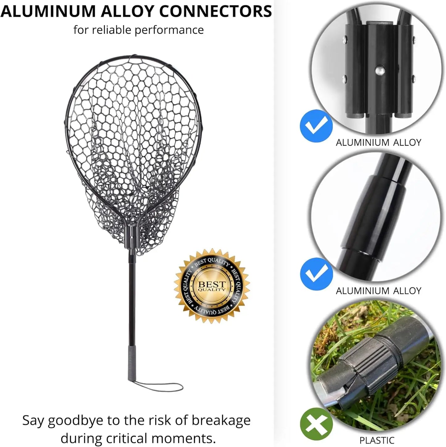 Large Fishing Landing Net with Telescoping Handle, Soft Rubber Mesh for Boat Pier River Angling