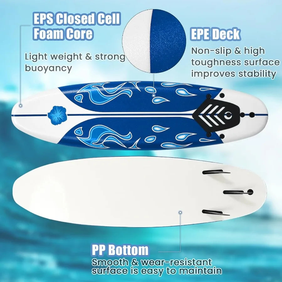 6' Surfboard Surfing Board with 3 Removable Fins for Beach and Pool Use Safety Leash Included EPS Core and EPE Deck Design Ligh