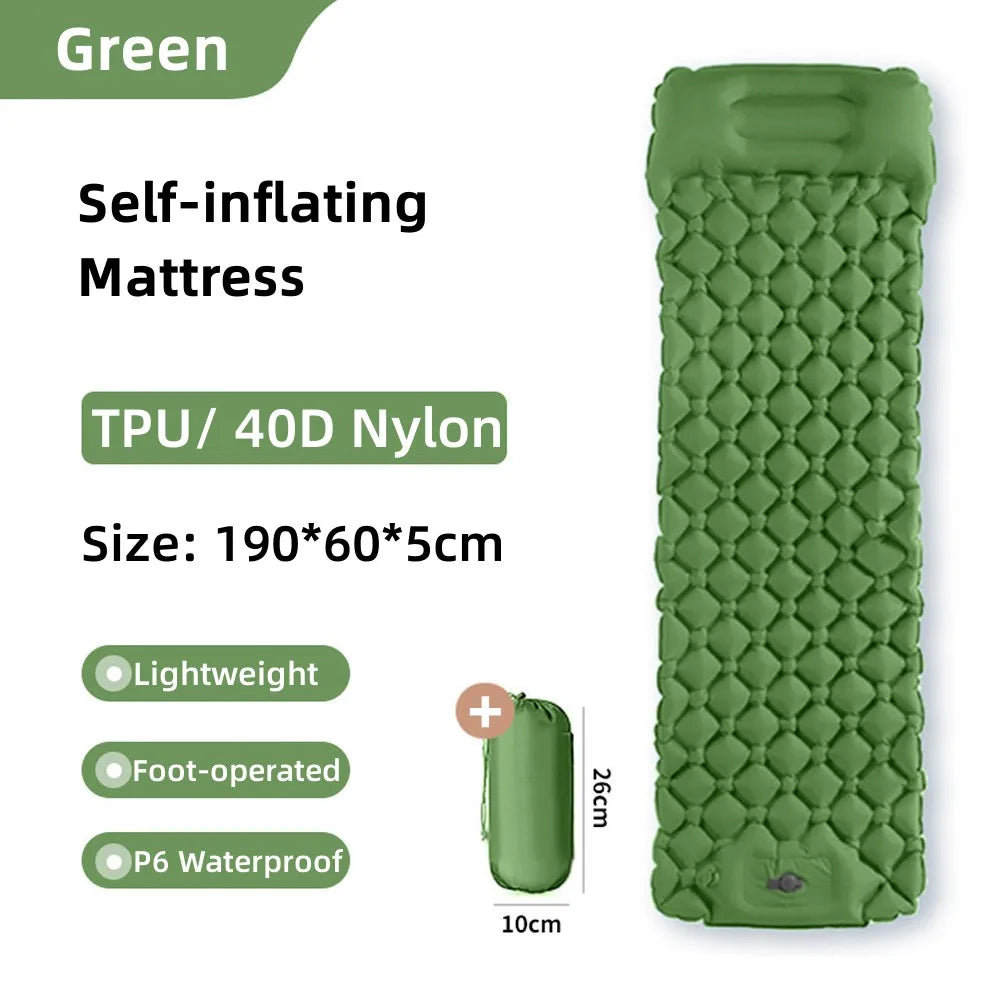 Outdoor Camping Inflatable Mattress Sleeping Pad With Pillows Ultralight Air Mat Built In Inflator Pump Hiking