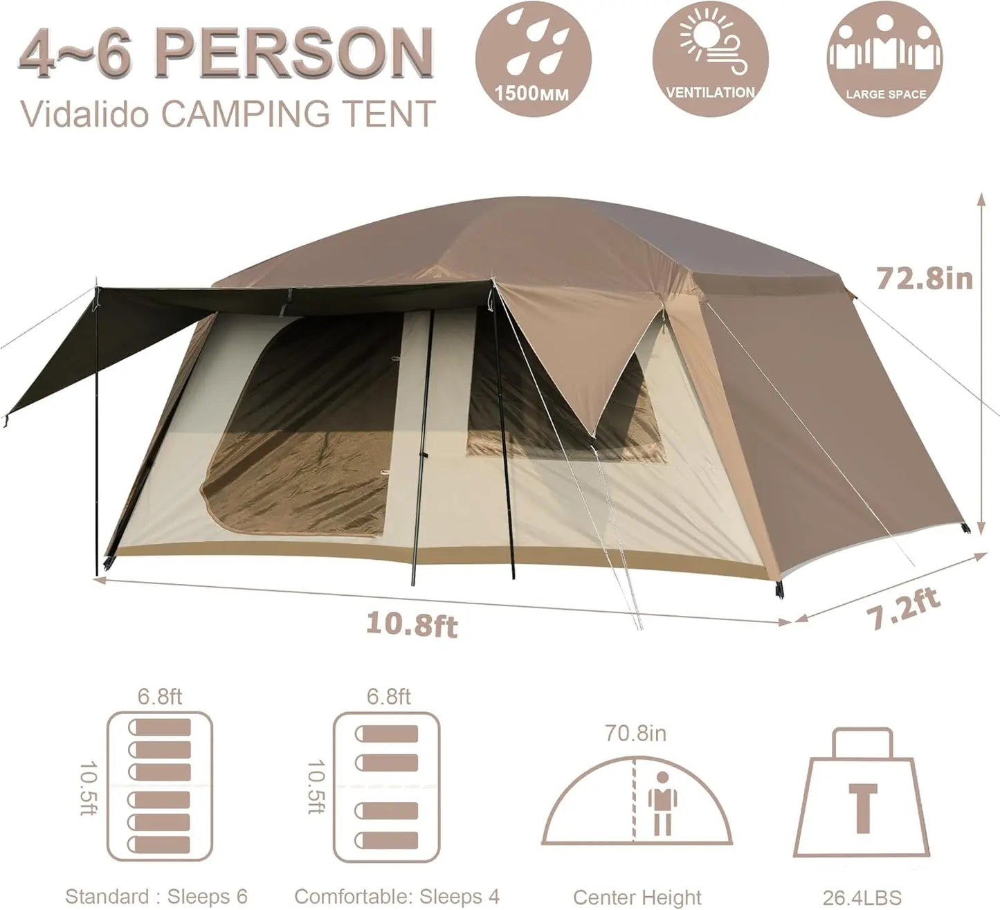 4-6 Person Camping Tent with 3 Doors, 2 Rooms, Waterproof and Portable for Outdoor Family Adventures