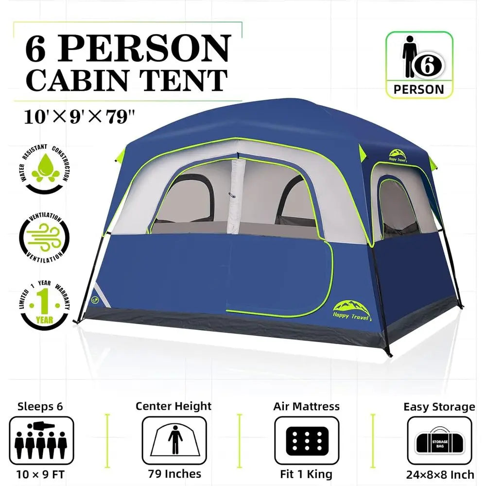 6-Person Waterproof Easy Setup Family Cabin Tent with 5 Mesh Windows and Carry Bag for Camping and Hiking