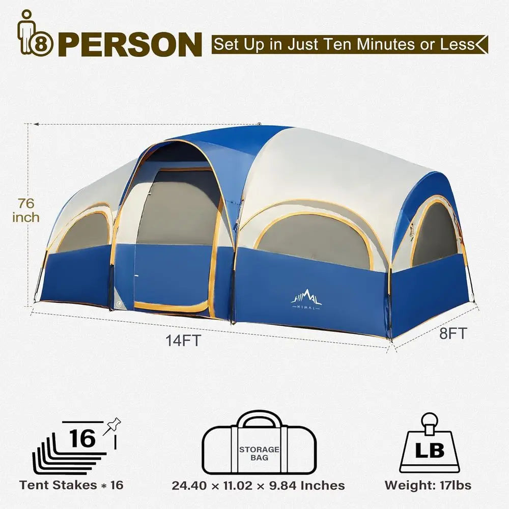8-Person Waterproof and Windproof Family Tent with Rainfly, Divided Curtains for Privacy, Portable with Carry Bag