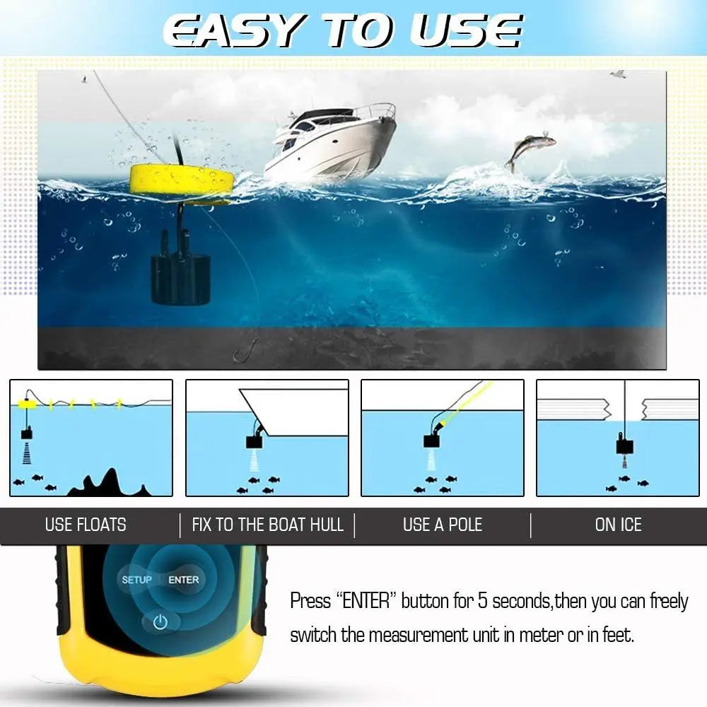 Handheld Kayak Fish Depth Finder Portable Transducer Fish Finder Sonar Boat Dock Fish Finders Display Water Fishing Yellow