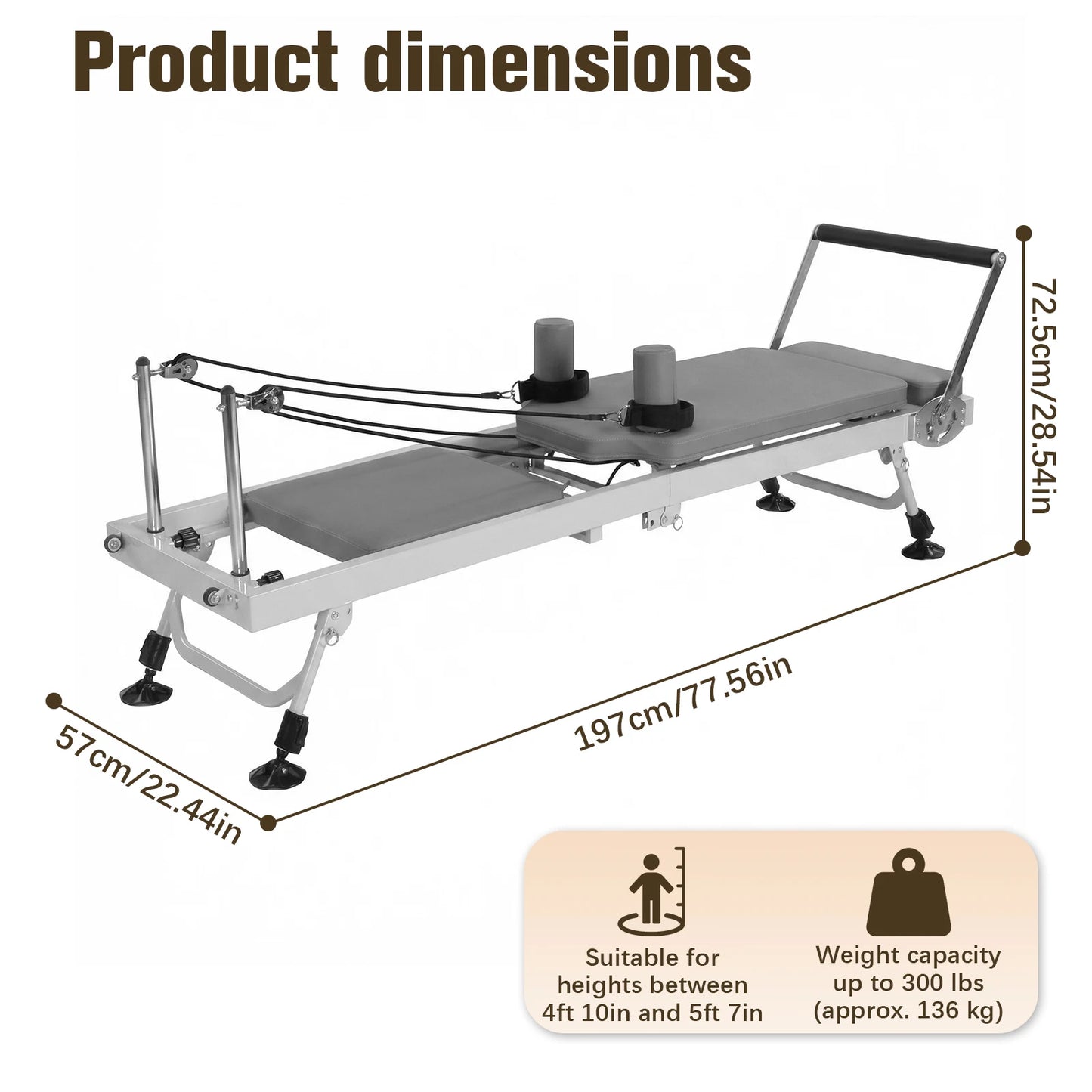 78 In Smooth Glide Carriage Reformer with Springs Resistance Portable Pilates Machine 300 LBS Capacity for Home And Studio Use