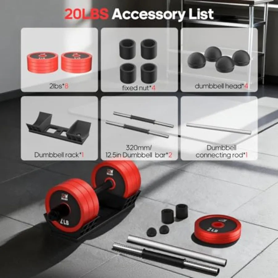 Adjustable Dumbbell Set 20-90lbs with Carbon Steel Rack and Connector Barbell Free Weights for Home Gym Workout Equipment in Bl