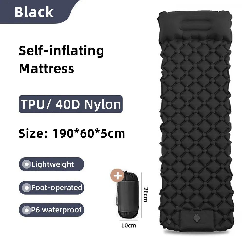 Outdoor Camping Inflatable Mattress Sleeping Pad With Pillows Ultralight Air Mat Built In Inflator Pump Hiking