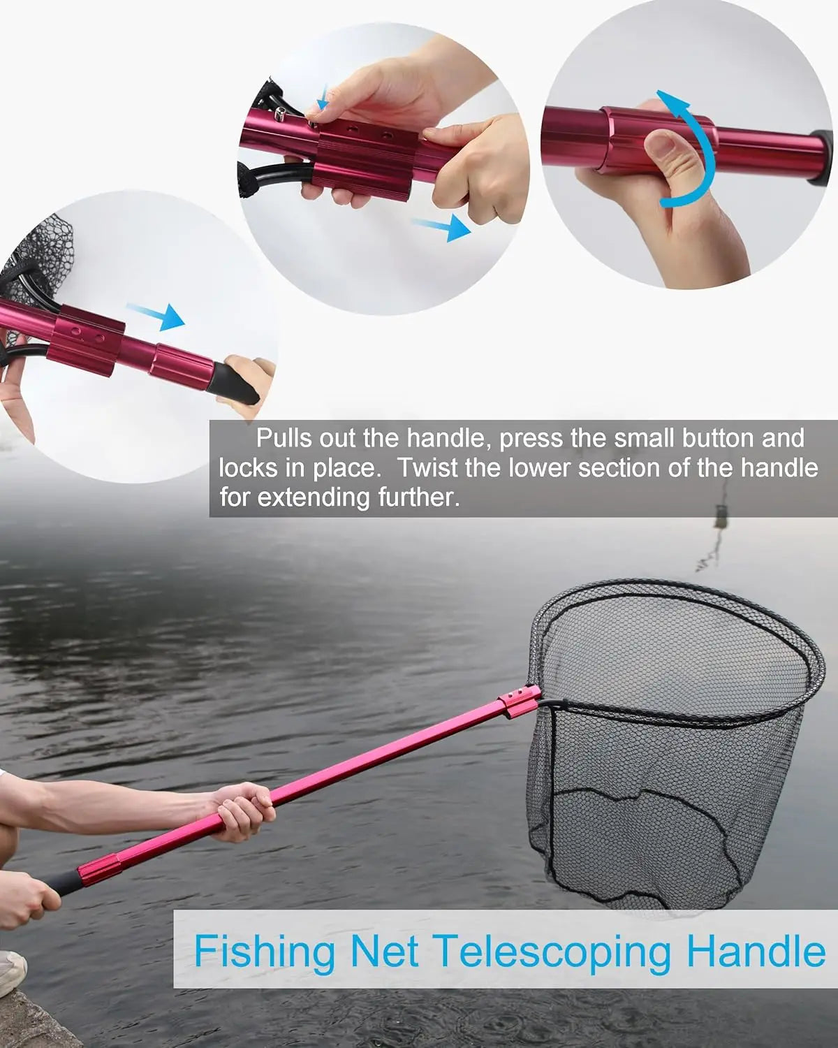 Large Rubber Fishing Net with Telescoping Aluminum Handle, Extends to 94in, Includes 6 Soft Baits