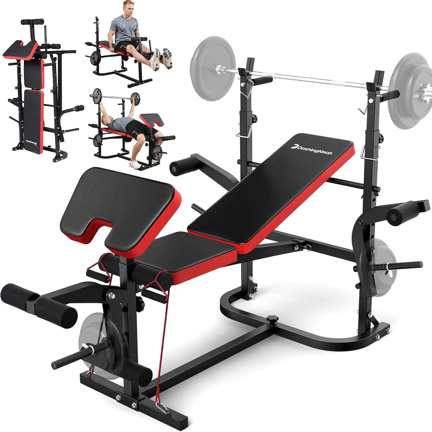 6-in-1 Foldable Weight Bench Set, 1695LBS Adjustable Workout Bench/Barbell Rack/Curl Pad, Bench Press, Leg, Customized