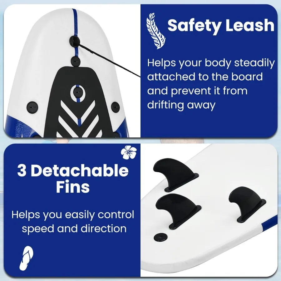 6' Surfboard Surfing Board with 3 Removable Fins for Beach and Pool Use Safety Leash Included EPS Core and EPE Deck Design Ligh