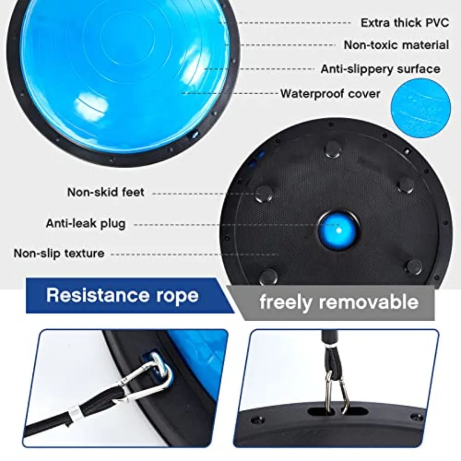 Half Ball Trainer Yoga Ball with Resistant Band Foot Pump Set for Core Stability and Full Body Workout in Gray with Elastic Fit