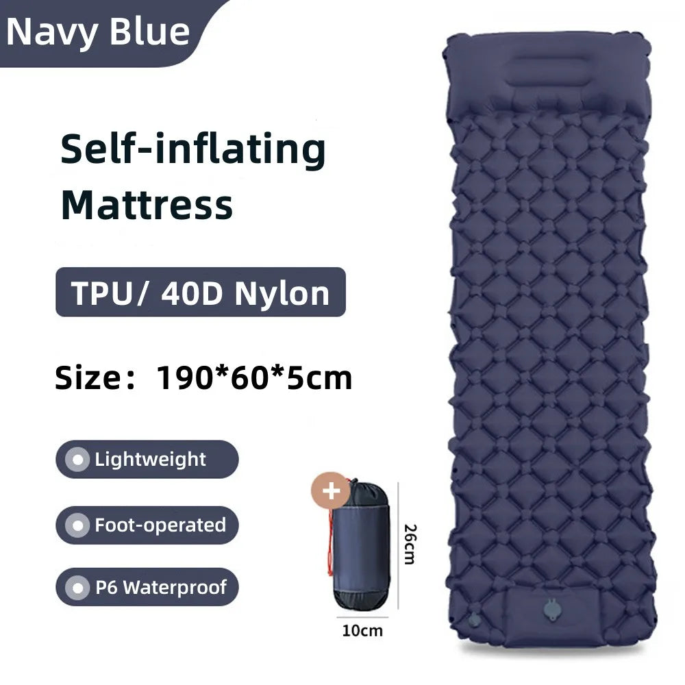 Outdoor Camping Inflatable Mattress Sleeping Pad With Pillows Ultralight Air Mat Built In Inflator Pump Hiking