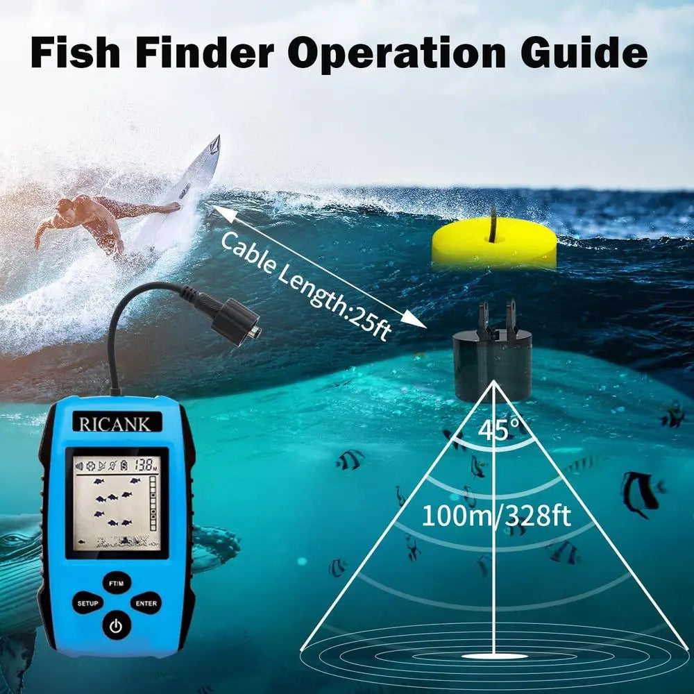Portable Fish Finder, Handheld Fish Depth Finder Contour Readout Fishfinder Ice Kayak Shore Boat Fishing Fish Detector Device wi