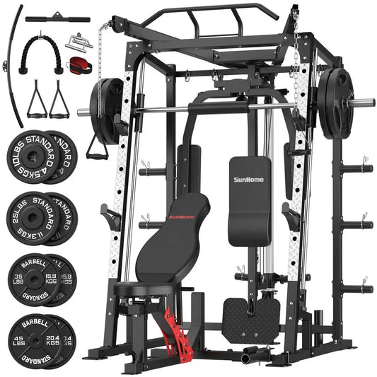 Smith Machine, Power Cage Squat Rack with Smith Bar, LAT PullDown Systems, Cable Crossover Machine and Cable Attachment for Hom