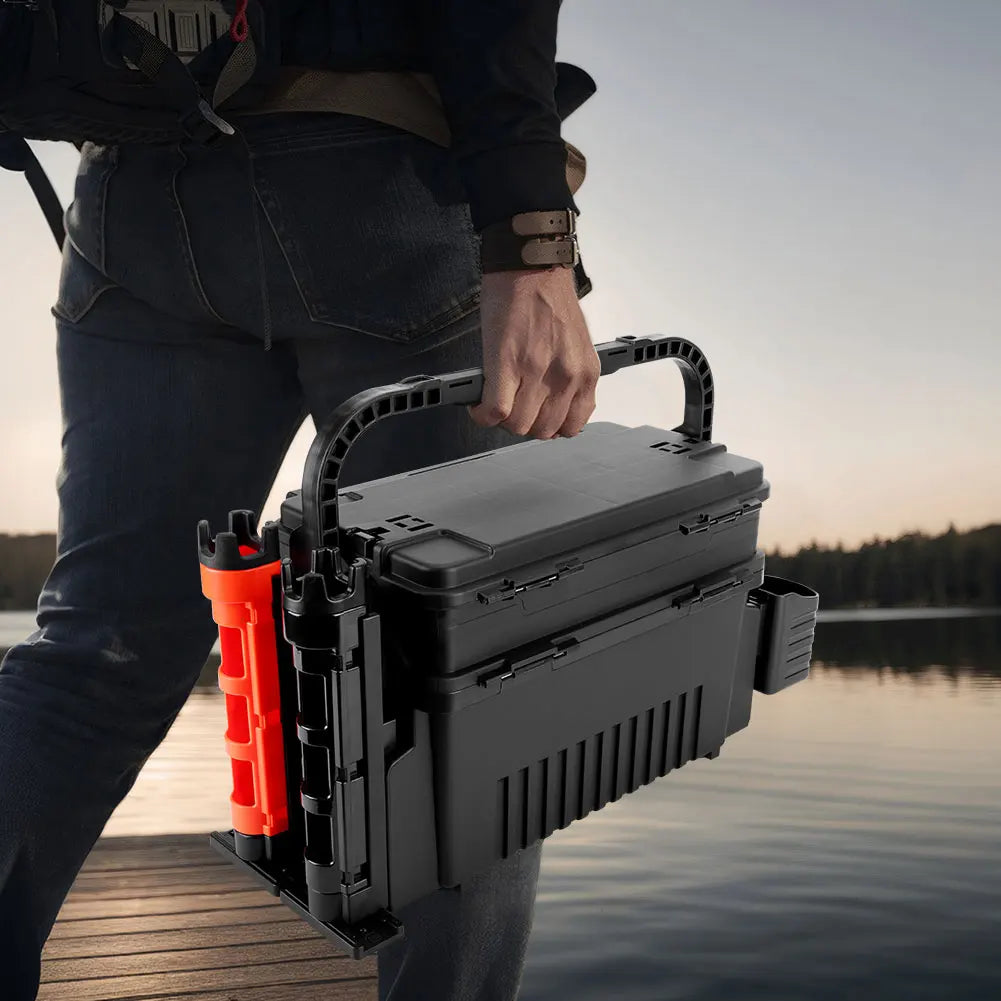 2 Tier Fishing Tackle Box Fishing Gear Box with Cup & Rod Holder Fishing Box Large Capacity Fishing Tool Box Fishing Accessories