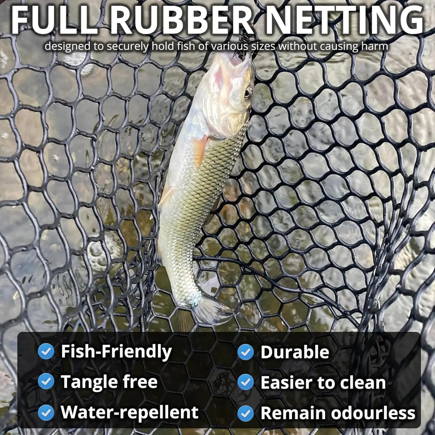 Large Fishing Landing Net with Telescoping Handle, Soft Rubber Mesh for Boat Pier River Angling