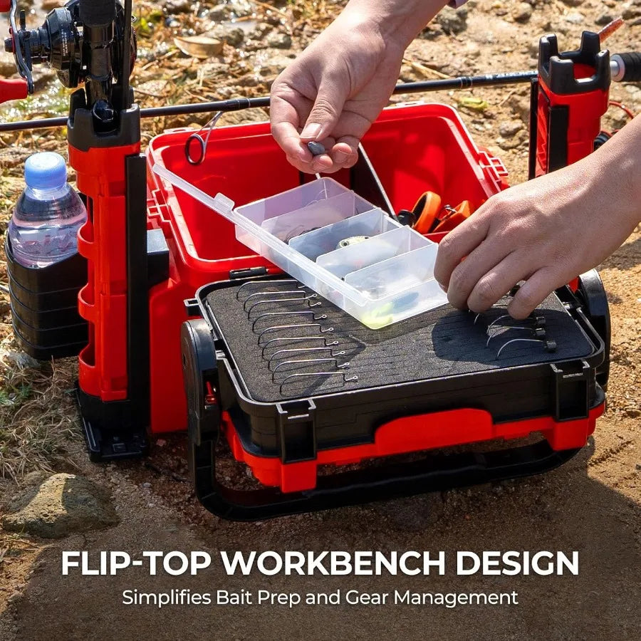 Portable Tackle Storage Box with Adjustable Rod Holder and Cup Holder Removable Dividers for Fishing