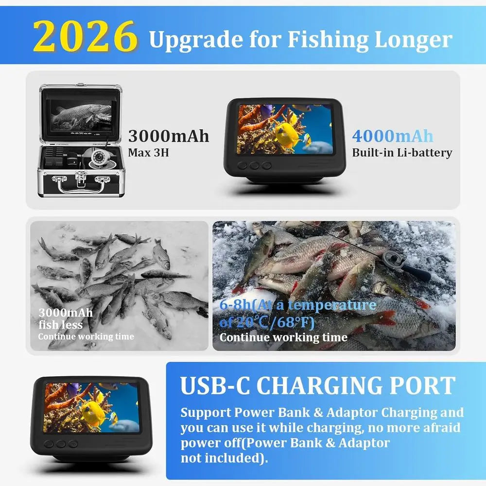 Underwater Fishing Camera, 4.3 Inch LCD, Infrared Night Vision, Wide Angle IP68 Waterproof Portable Fish Camera for Ice, Lake, B
