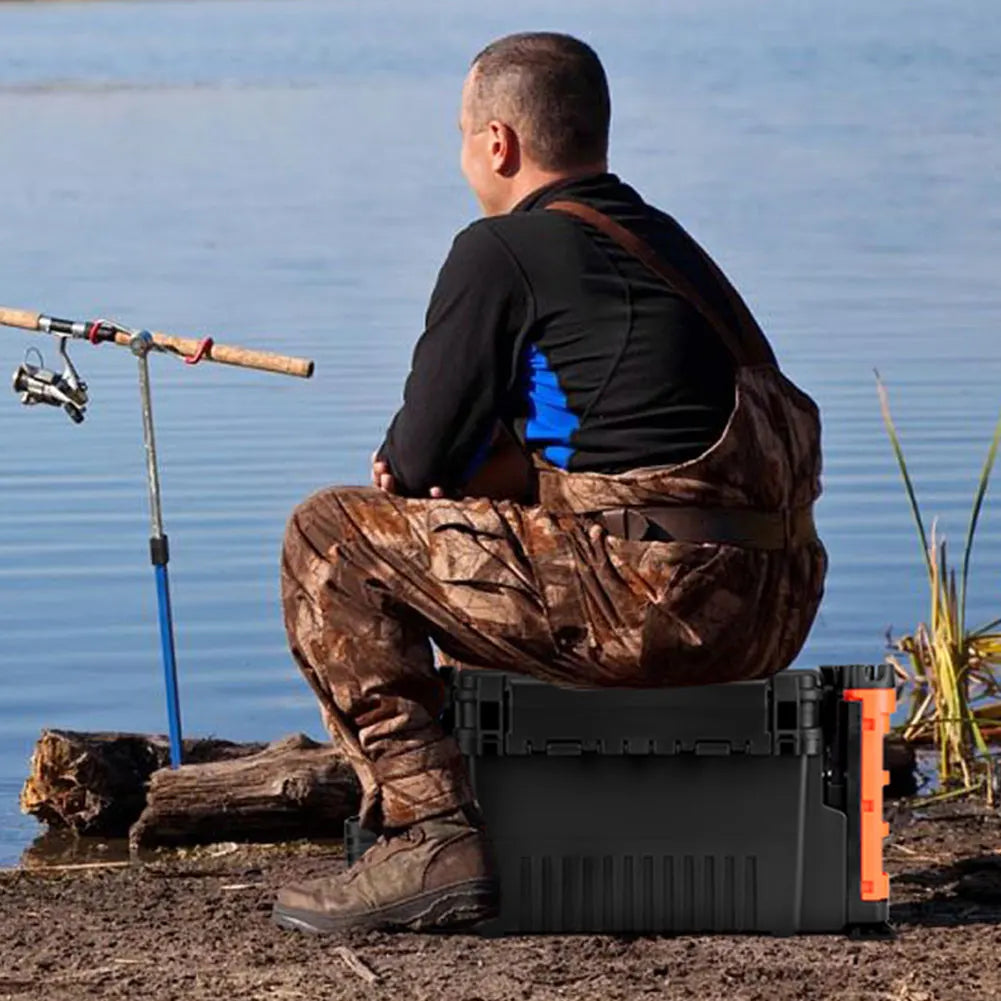 2 Tier Fishing Tackle Box Fishing Gear Box with Cup & Rod Holder Fishing Box Large Capacity Fishing Tool Box Fishing Accessories