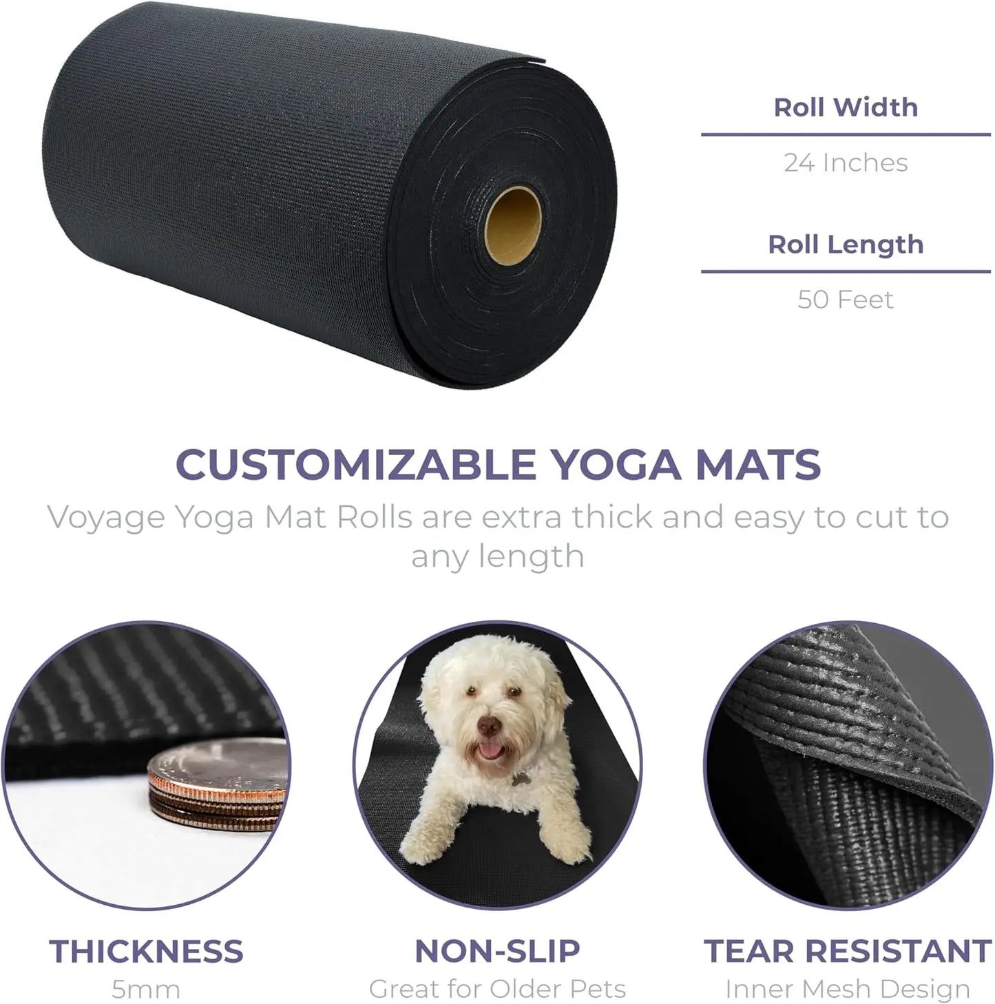 5mm Thick Non-Slip Yoga Mat Roll, 24in x 50ft, Cut to Custom Length for Home Fitness and Exercise