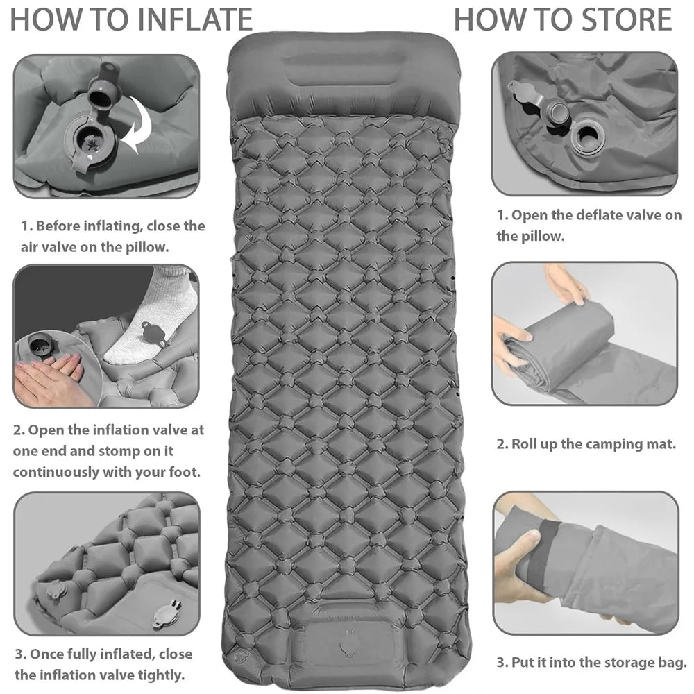 Outdoor Camping Inflatable Mattress Sleeping Pad With Pillows Ultralight Air Mat Built In Inflator Pump Hiking