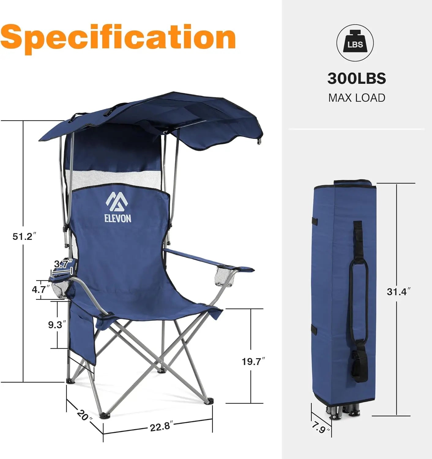 Oversized Folding Camping Chair with Canopy, Portable Outdoor Seat with Arms, Cup Holder and Carry Bag