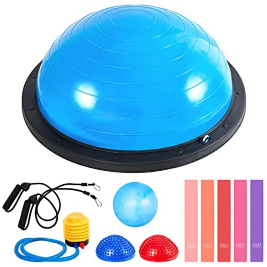Half Ball Trainer Yoga Ball with Resistant Band Foot Pump Set for Core Stability and Full Body Workout in Gray with Elastic Fit