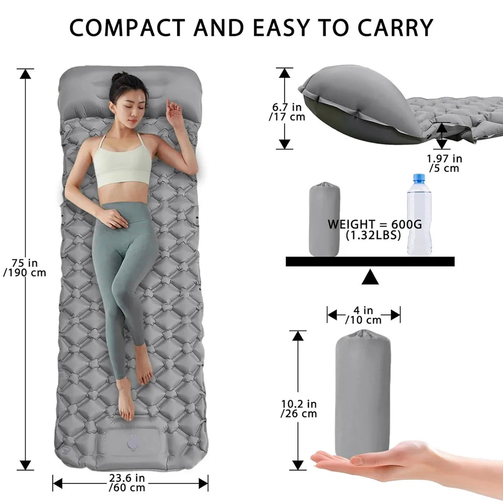 Outdoor Camping Inflatable Mattress Sleeping Pad With Pillows Ultralight Air Mat Built In Inflator Pump Hiking