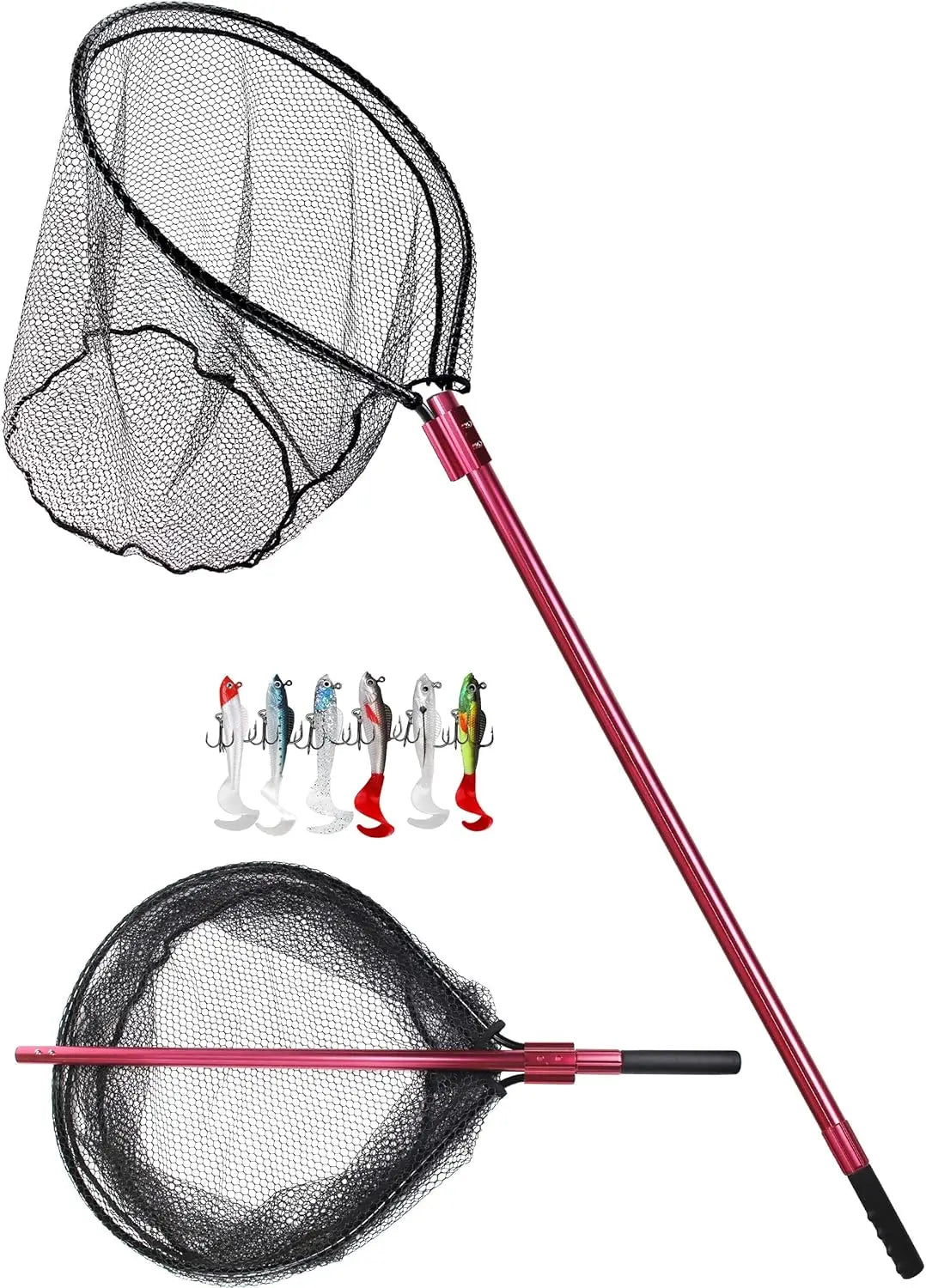 Large Rubber Fishing Net with Telescoping Aluminum Handle, Extends to 94in, Includes 6 Soft Baits