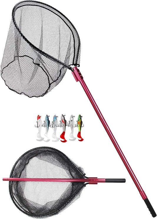 Large Rubber Fishing Net with Telescoping Aluminum Handle, Extends to 94in, Includes 6 Soft Baits