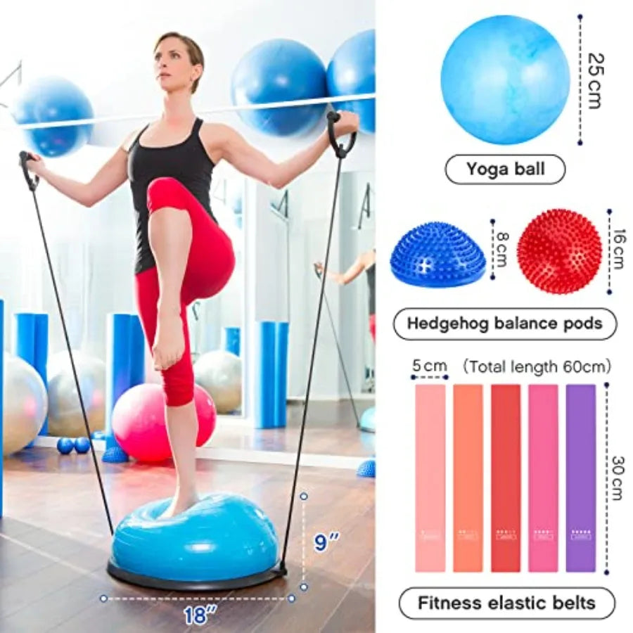 Half Ball Trainer Yoga Ball with Resistant Band Foot Pump Set for Core Stability and Full Body Workout in Gray with Elastic Fit