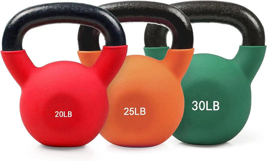 Neoprene Coated Cast Iron Kettlebell Set - 20lb, 25lb, 30lb for Home Gym Strength Training