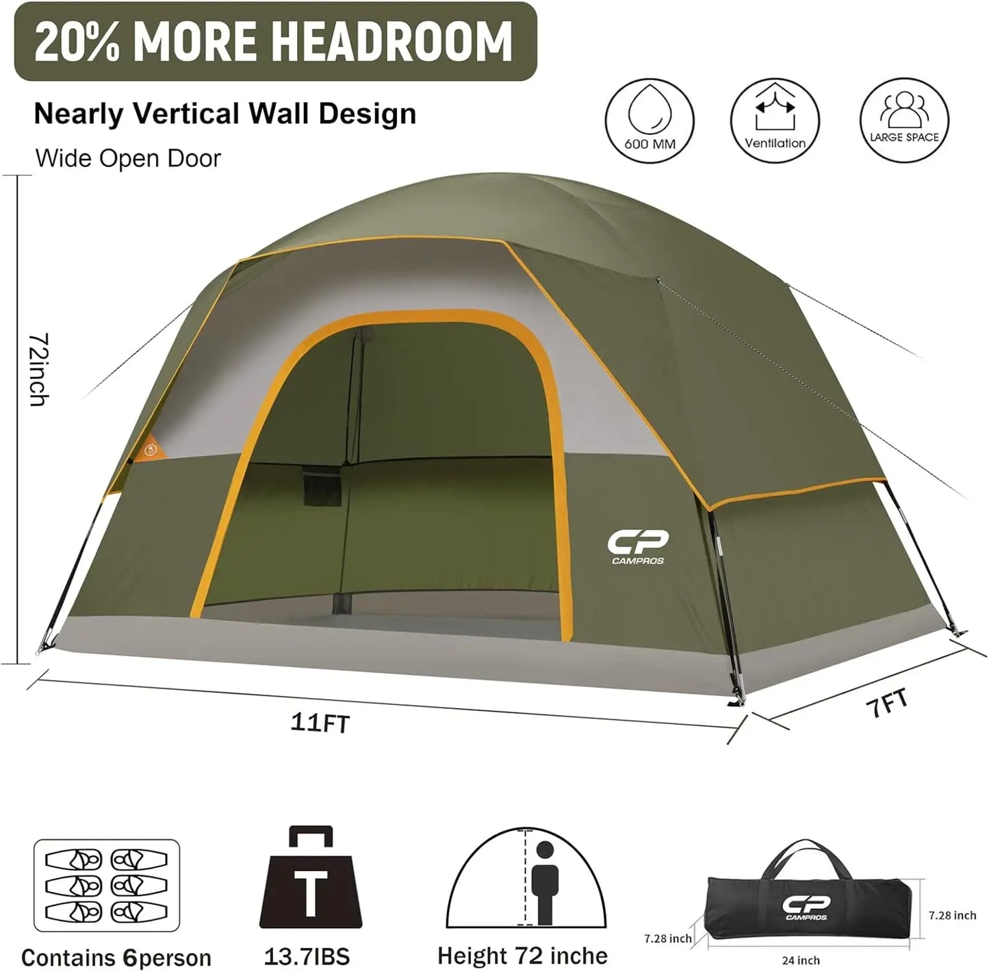 6 Person Waterproof Windproof Camping Tent With Large Mesh Windows