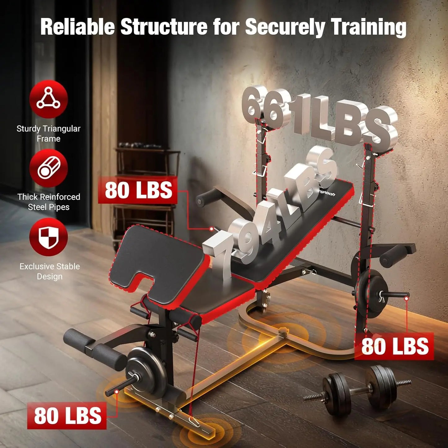 6-in-1 Foldable Weight Bench Set, 1695LBS Adjustable Workout Bench/Barbell Rack/Curl Pad, Bench Press, Leg, Customized
