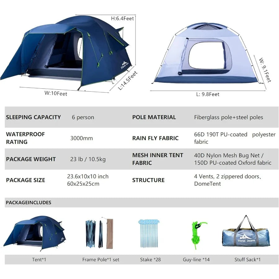 Family Camping Tent 6Person Spacious Design 3000mm Waterproof Suitable for Road Trips Backyards Extended Camping Adventures in