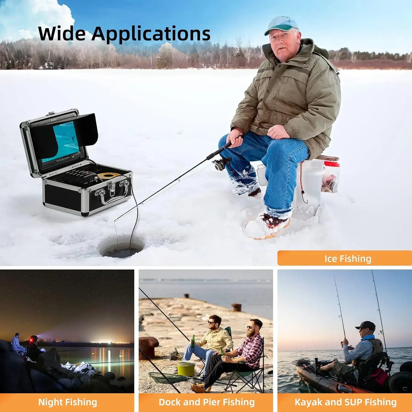 Eyoyo Underwater Fishing Camera 7'' LCD Monitor Fish Finder Waterproof 1000TVL12pcs Infrared Lights for Lake, Boat, Ice Fishing