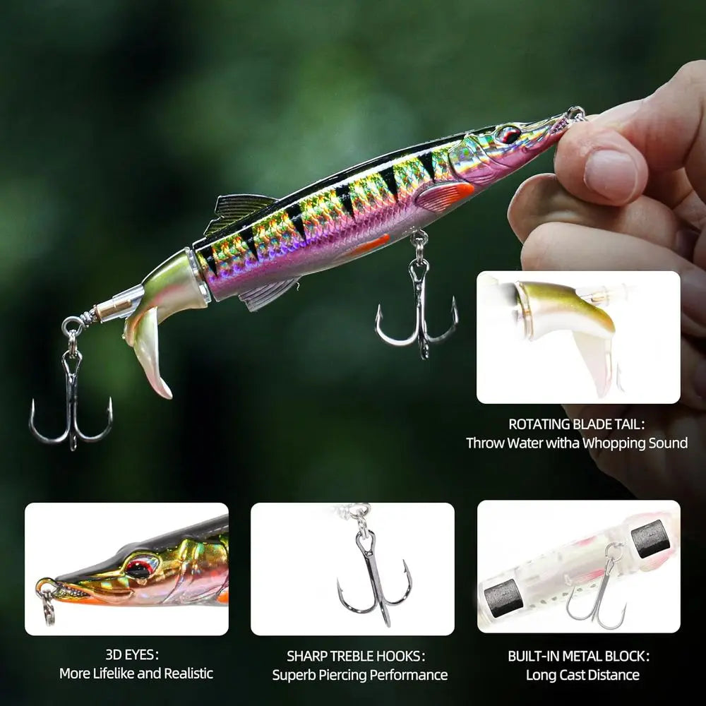 5 Pack Whopper Plopper Lures with Spinning Tail for Aggressive Surface Action - Ideal for Bass and Trout in Fresh & Saltwater