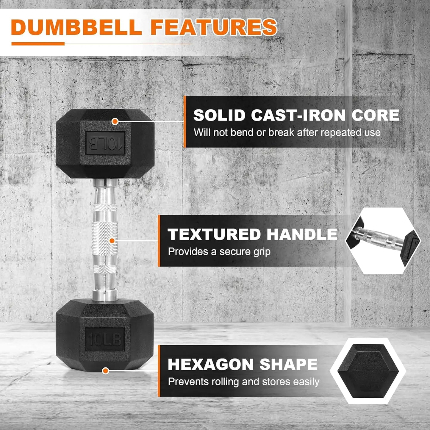 Hex Rubber Coated Dumbbells for Home Gym Exercises, 5-50 LB Pair Options