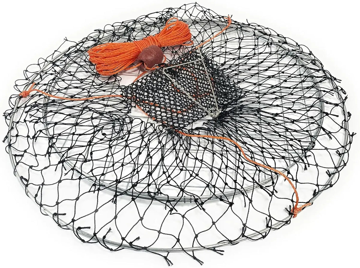 24" Crab Hoop Net with Float, Bait Clip & Bag - Dungeness Rock Blue Crabs Trap for Pier Dock Jetty