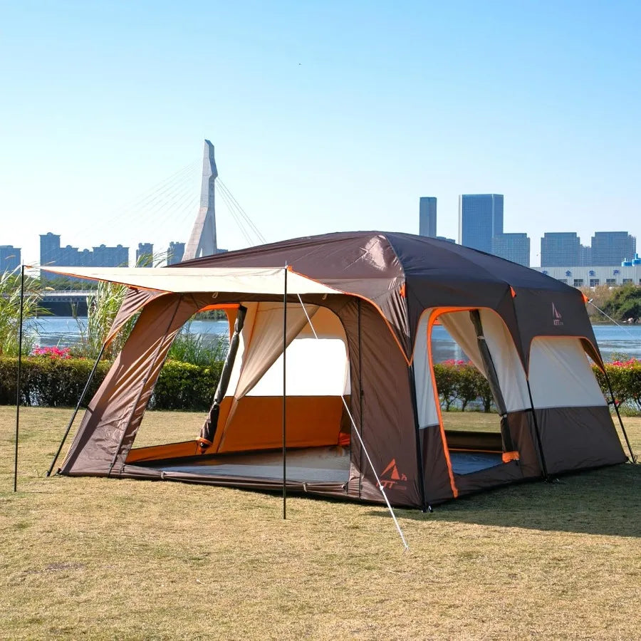 Extra Large Tent 6-10-12-14 Person B Family Cabin Tents 2 Rooms 3 Doors and 3 Windows with Mesh Straight Wall Waterproof Double