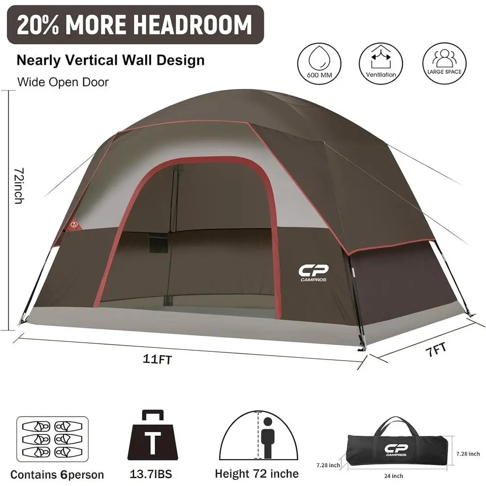 6-Person Waterproof & Windproof Double Layer Family Camping Tent with Easy Setup, Large Mesh Windows, and Wider Door